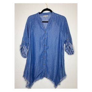 Anthropologie Hester & Orchard chambray tencel tunic w/ frayed shark bitehem top